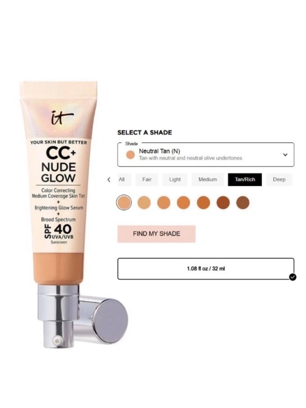CC+ Nude Glow Lightweight Foundation + Glow Serum SPF 40 Neutral Tan EXP 12/26 - Picture 10 of 16